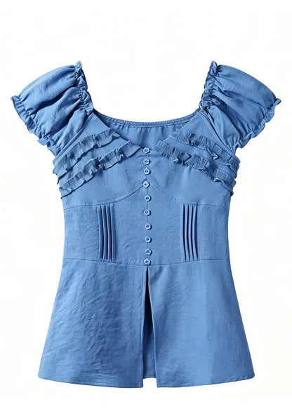 French Blue Ruffled Side Open Cotton Shirt Top Summer