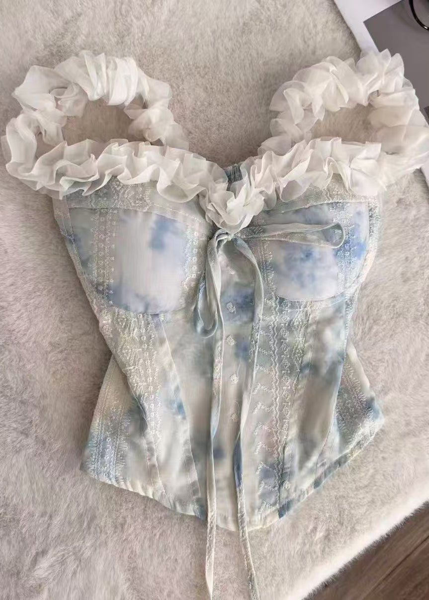 French Blue Ruffled Tie Dye Chiffon Tops Summer