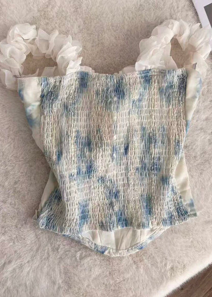 French Blue Ruffled Tie Dye Chiffon Tops Summer