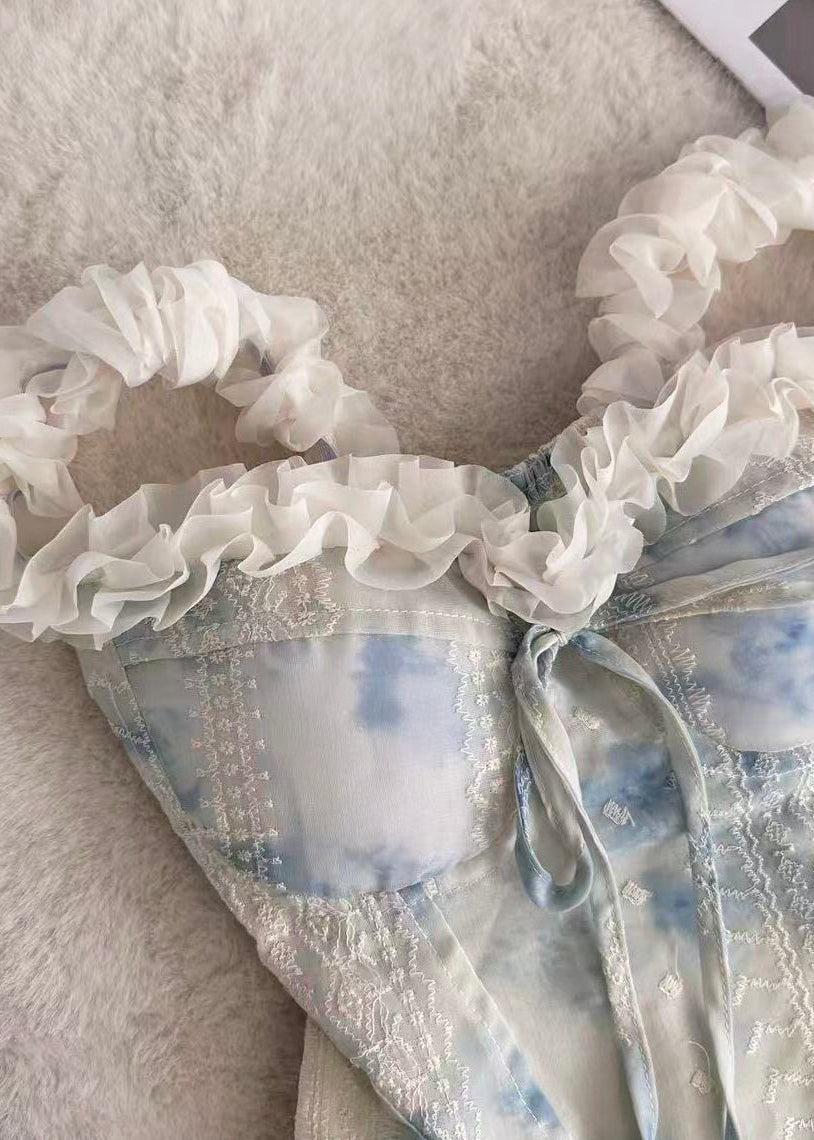 French Blue Ruffled Tie Dye Chiffon Tops Summer