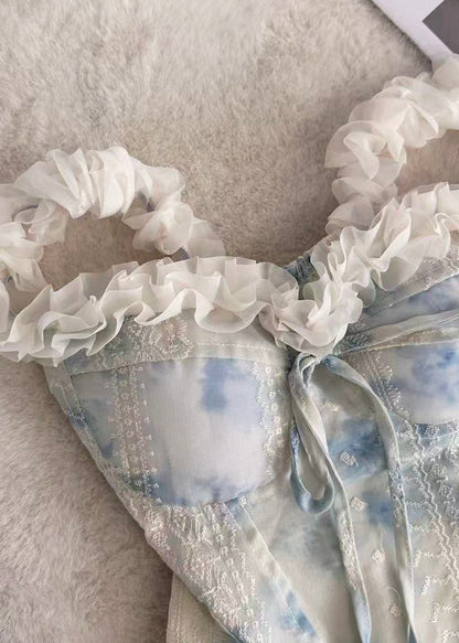 French Blue Ruffled Tie Dye Chiffon Tops Summer