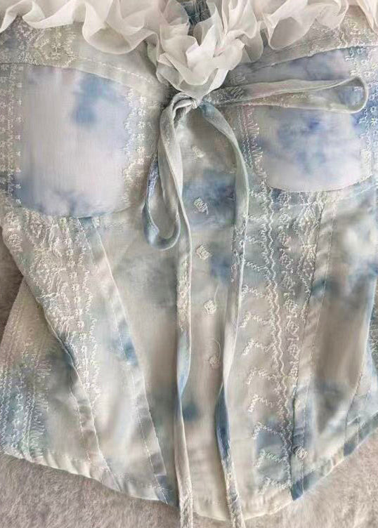 French Blue Ruffled Tie Dye Chiffon Tops Summer