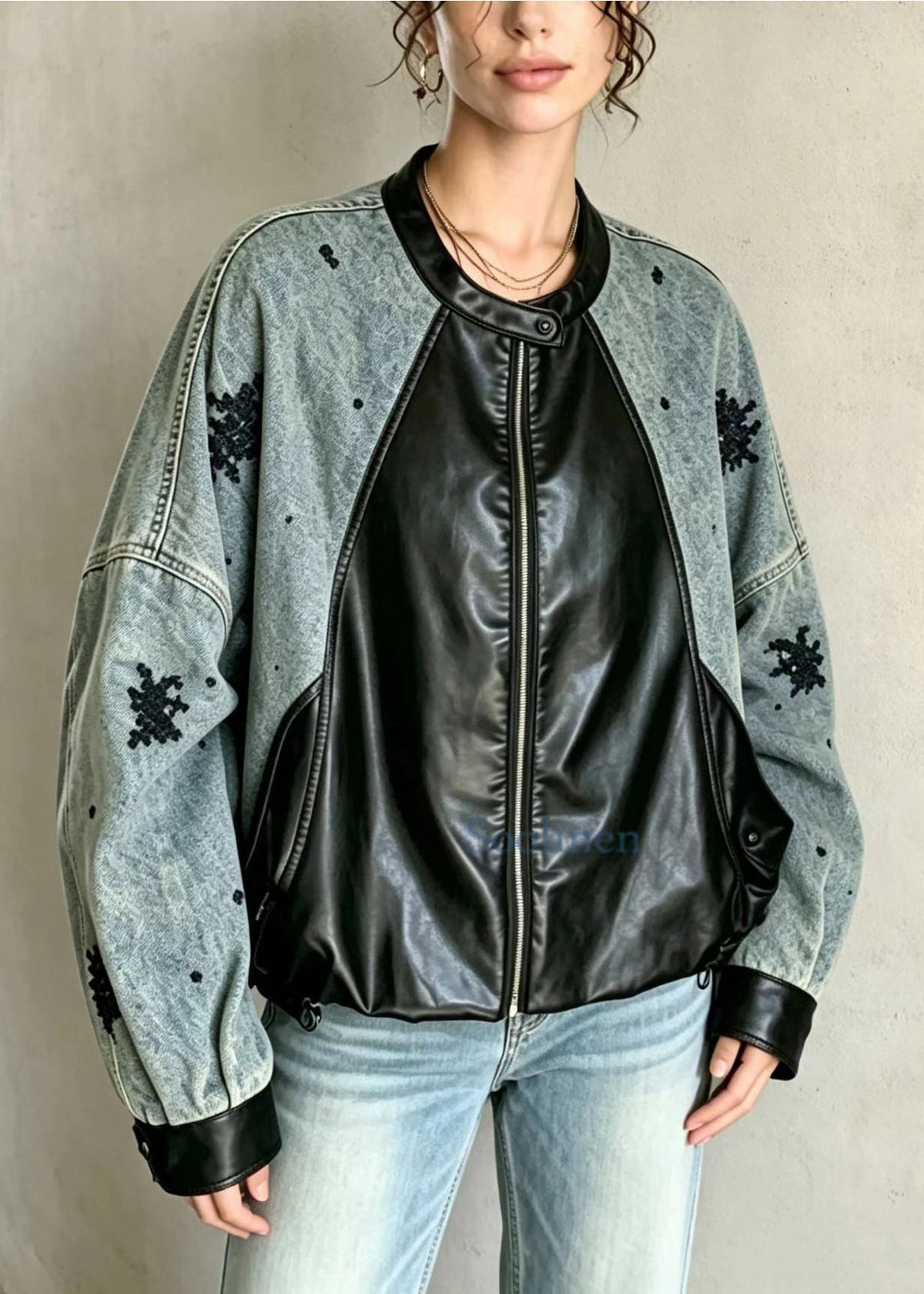 French Blue Sequins Denim Patchwork Faux Leather Jacket Fall