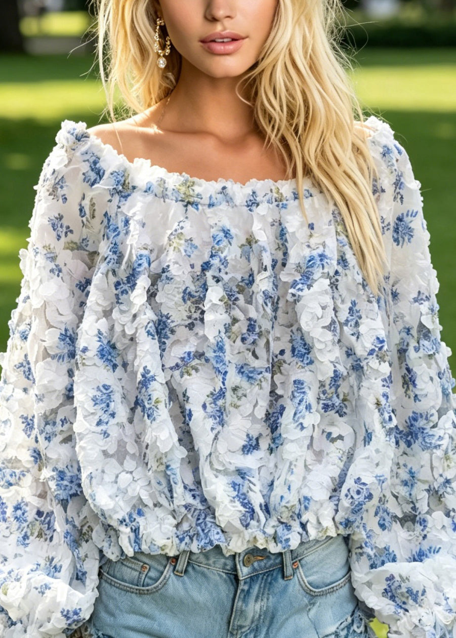 French Blue Slash Neck Ruffled Floral Tulle Top Long Sleeve