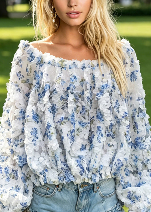 French Blue Slash Neck Ruffled Floral Tulle Top Long Sleeve