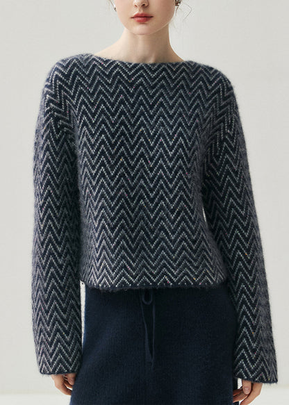 Suéteres de punto de algodón grueso a rayas con cuello oblicuo azul francés para primavera