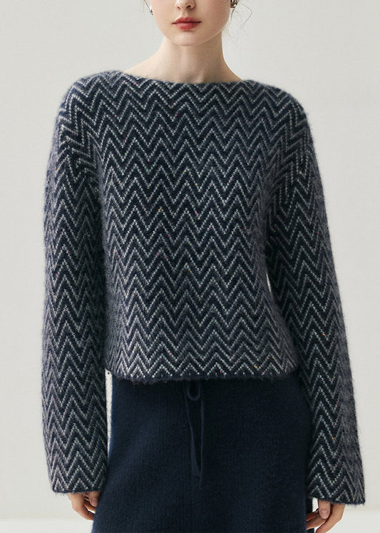 Suéteres de punto de algodón grueso a rayas con cuello oblicuo azul francés para primavera