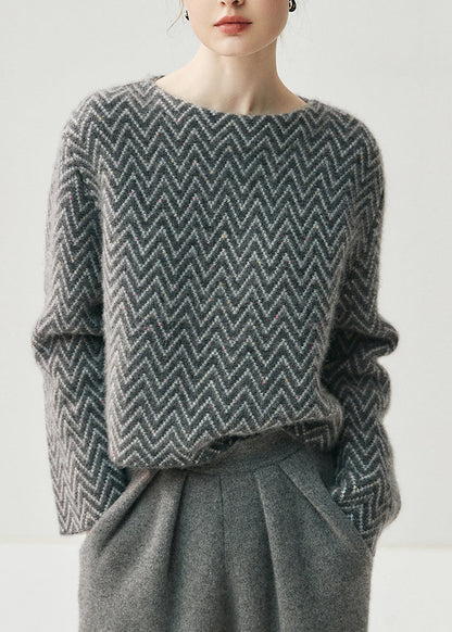 Suéteres de punto de algodón grueso a rayas con cuello oblicuo azul francés para primavera