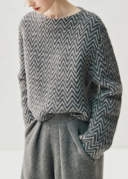 Suéteres de punto de algodón grueso a rayas con cuello oblicuo azul francés para primavera