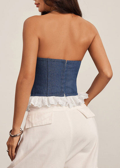 French Blue Strapless Lace Up Patchwork Lace Tanks Summer