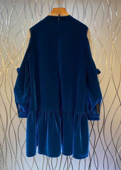 Französisch Blau Tüll Patchwork Velours Etuikleider Frühling