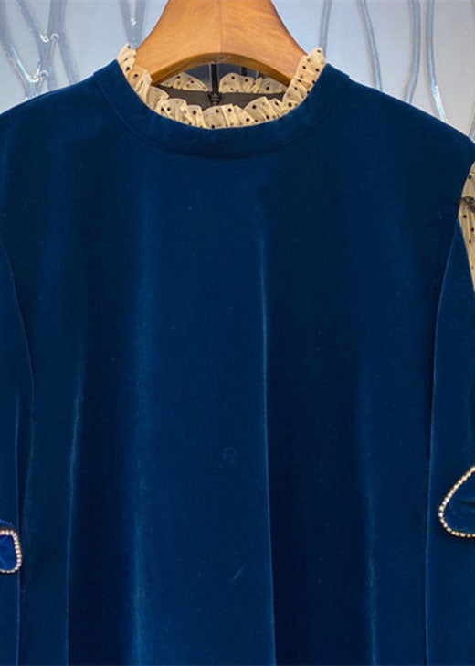 Französisch Blau Tüll Patchwork Velours Etuikleider Frühling