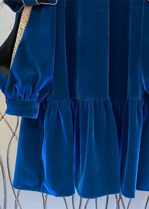 Französisch Blau Tüll Patchwork Velours Etuikleider Frühling