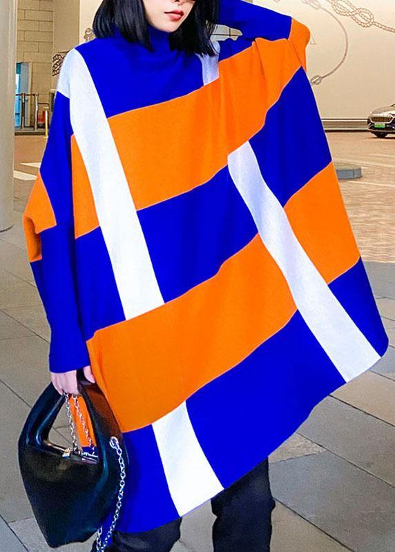 French Blue Turtleneck Patchwork Fall Striped Knitwear Dress - SooLinen