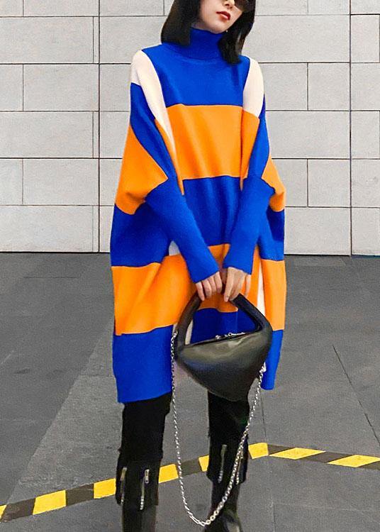 French Blue Turtleneck Patchwork Fall Striped Knitwear Dress - SooLinen