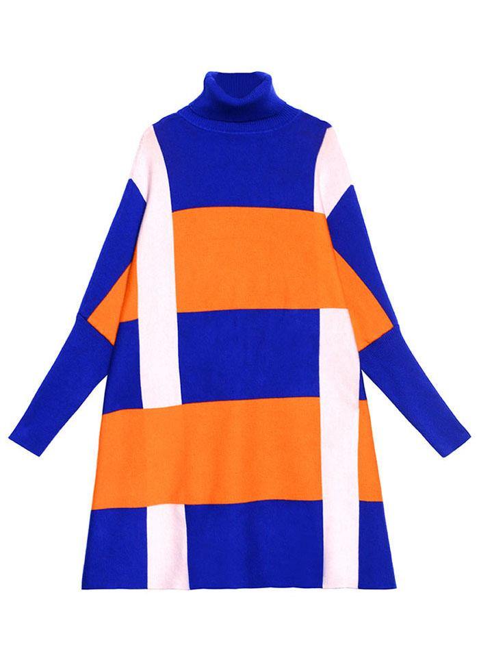French Blue Turtleneck Patchwork Fall Striped Knitwear Dress - SooLinen
