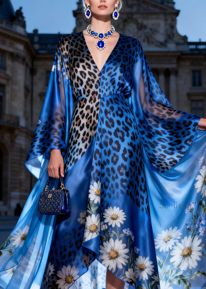 French Blue V Neck Asymmetrical Design Print Silk Long Dress Summer