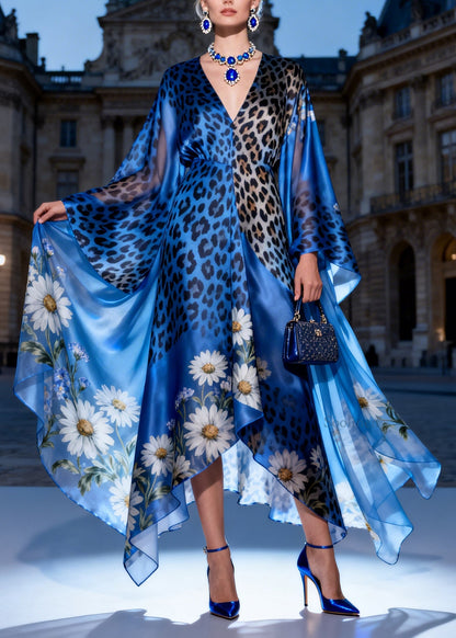 French Blue V Neck Asymmetrical Design Print Silk Long Dress Summer