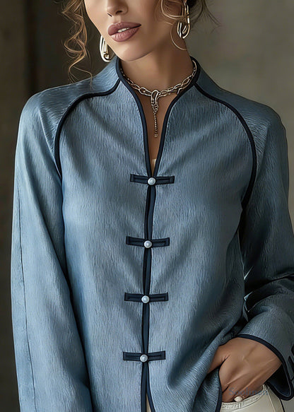 French Blue V Neck Button Solid Shirts Spring