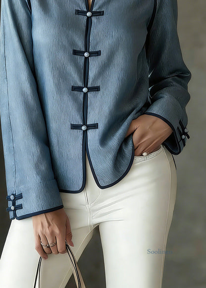 French Blue V Neck Button Solid Shirts Spring