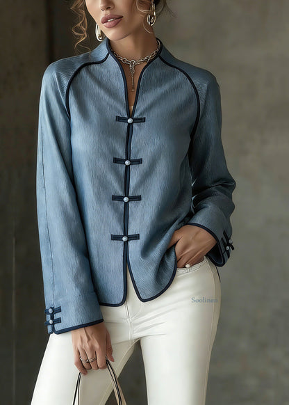 French Blue V Neck Button Solid Shirts Spring