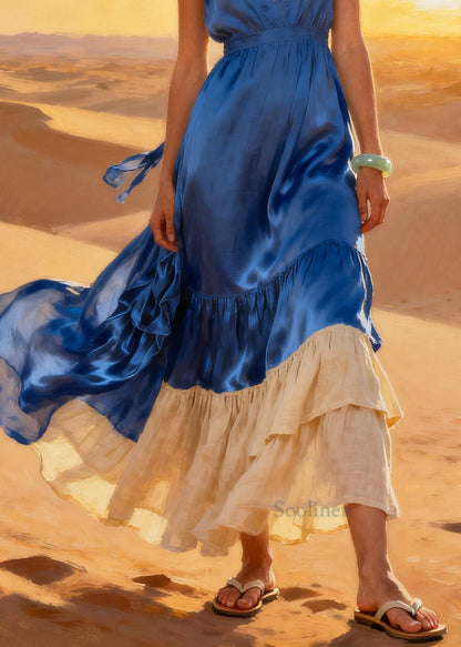 French Blue V Neck Patchwork Linen Silk Maxi Dress Summer