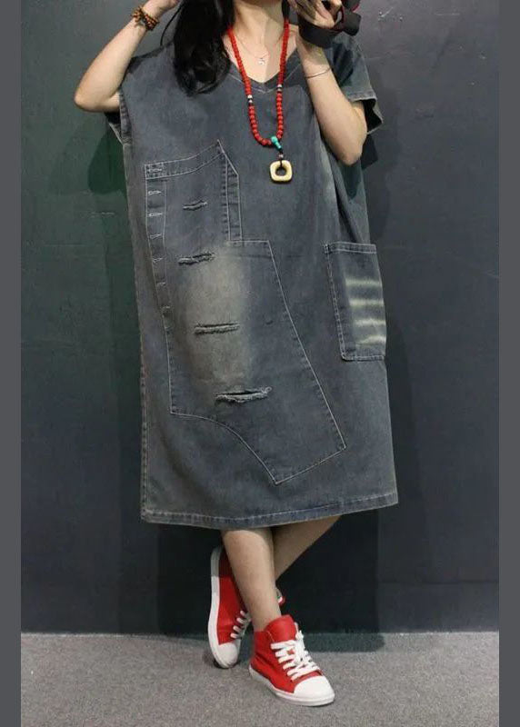 Französisches blaues V-Ausschnitt-Taschenloch-Herbst-Halbarm-Denim-Urlaubskleid