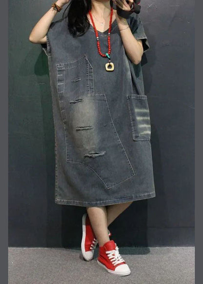 Französisches blaues V-Ausschnitt-Taschenloch-Herbst-Halbarm-Denim-Urlaubskleid