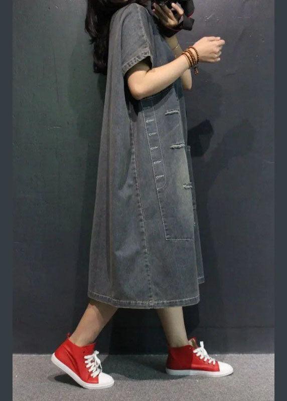 Französisches blaues V-Ausschnitt-Taschenloch-Herbst-Halbarm-Denim-Urlaubskleid