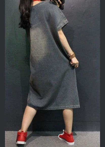 Französisches blaues V-Ausschnitt-Taschenloch-Herbst-Halbarm-Denim-Urlaubskleid