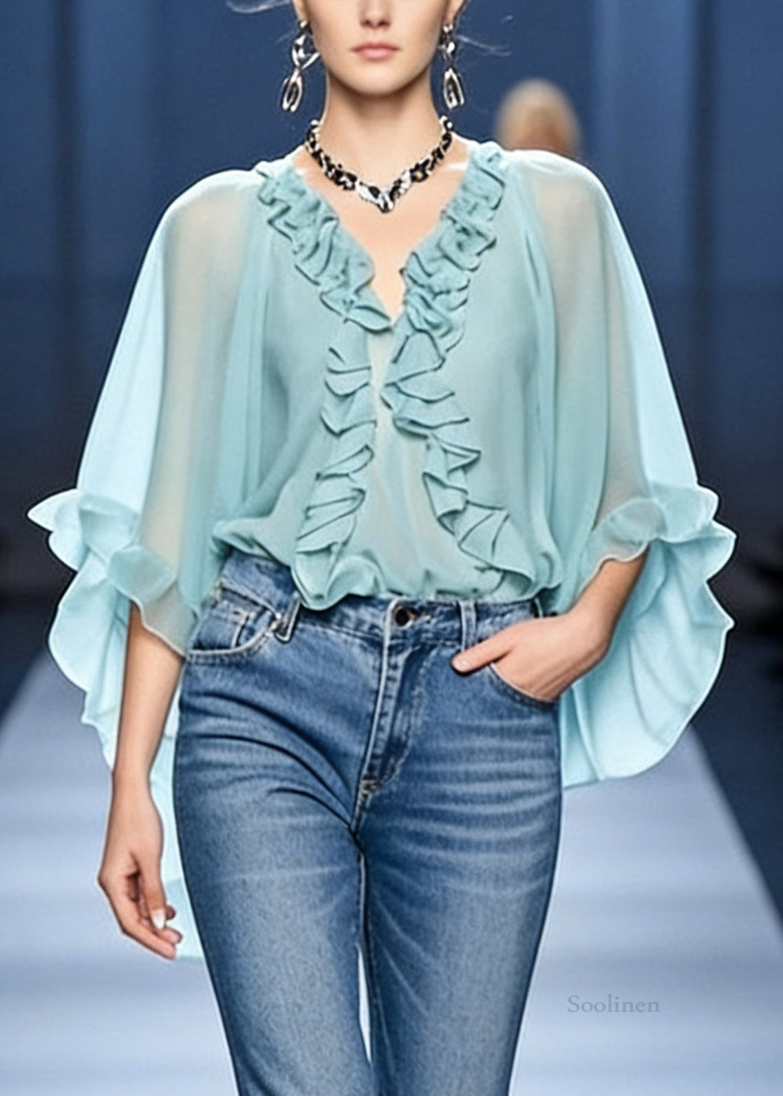 French Blue V Neck Ruffled Chiffon Blouses Bracelet Sleeve