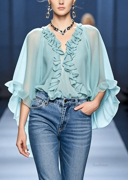 French Blue V Neck Ruffled Chiffon Blouses Bracelet Sleeve
