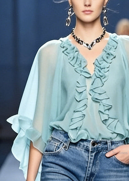 French Blue V Neck Ruffled Chiffon Blouses Bracelet Sleeve