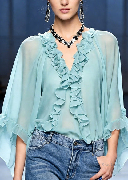 French Blue V Neck Ruffled Chiffon Blouses Bracelet Sleeve