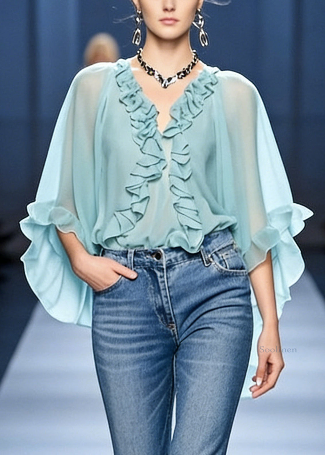 French Blue V Neck Ruffled Chiffon Blouses Bracelet Sleeve