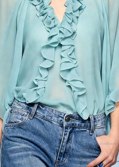 French Blue V Neck Ruffled Chiffon Blouses Bracelet Sleeve