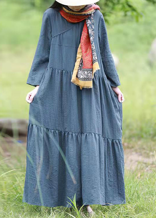 Französisches blaues V-Ausschnitt-Rüschen-Patchwork-Feiertagskleid mit langen Ärmeln