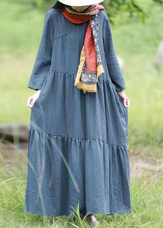 Französisches blaues V-Ausschnitt-Rüschen-Patchwork-Feiertagskleid mit langen Ärmeln