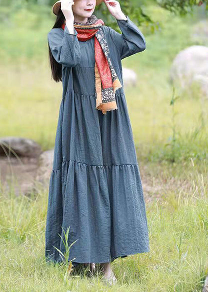 Französisches blaues V-Ausschnitt-Rüschen-Patchwork-Feiertagskleid mit langen Ärmeln