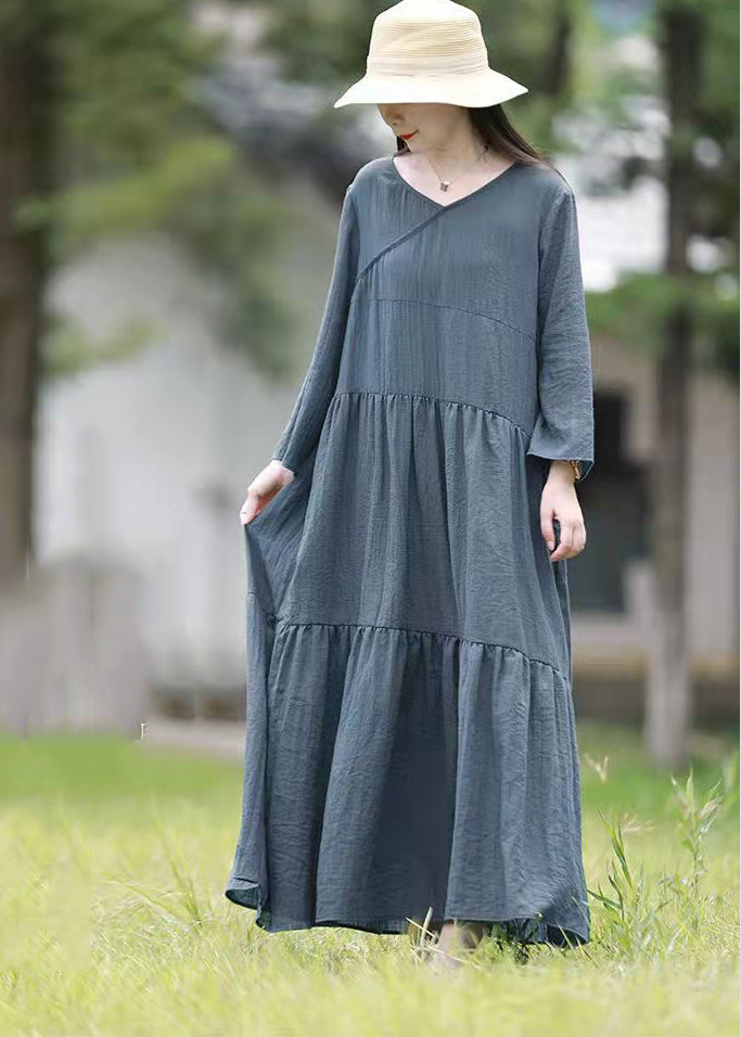 Französisches blaues V-Ausschnitt-Rüschen-Patchwork-Feiertagskleid mit langen Ärmeln