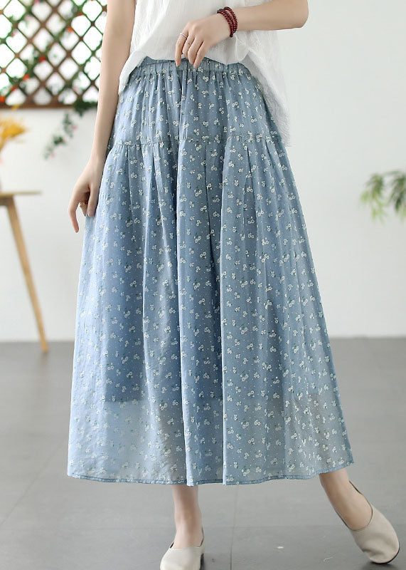 Französisch Blau Wrinkled Print Elastische Taille Patchwork Baumwolle Rock Sommer