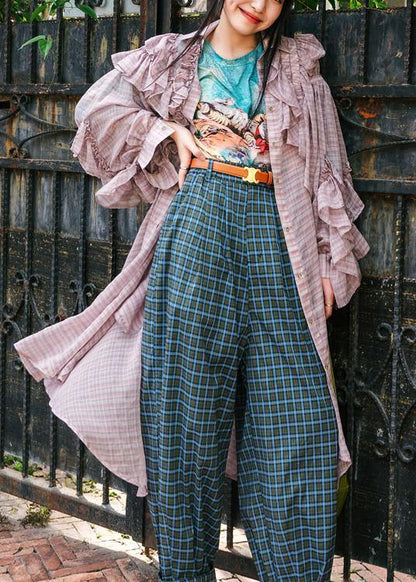 French Blue Wrinkled Ruffled Summer Chiffon Shirts Long Sleeve - SooLinen