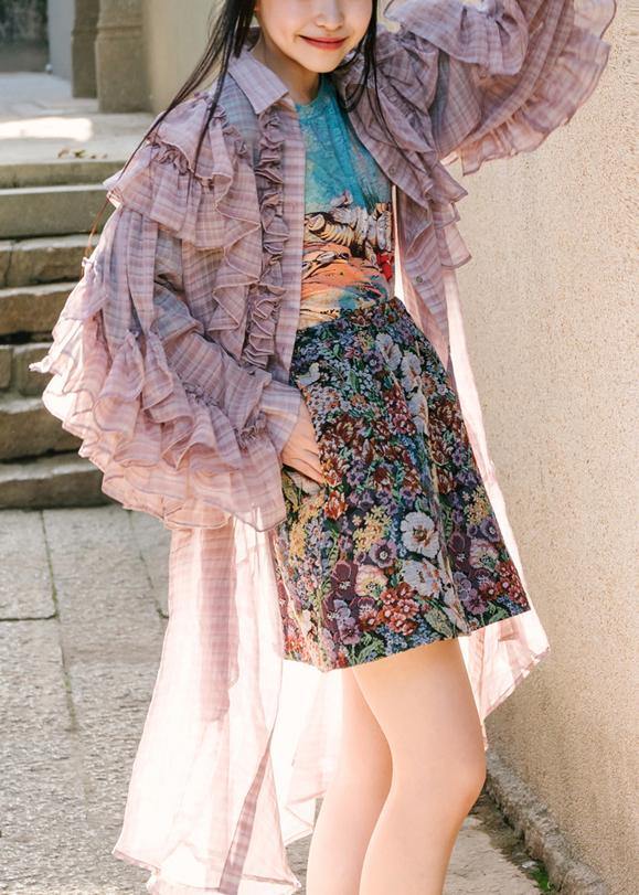 French Blue Wrinkled Ruffled Summer Chiffon Shirts Long Sleeve - SooLinen