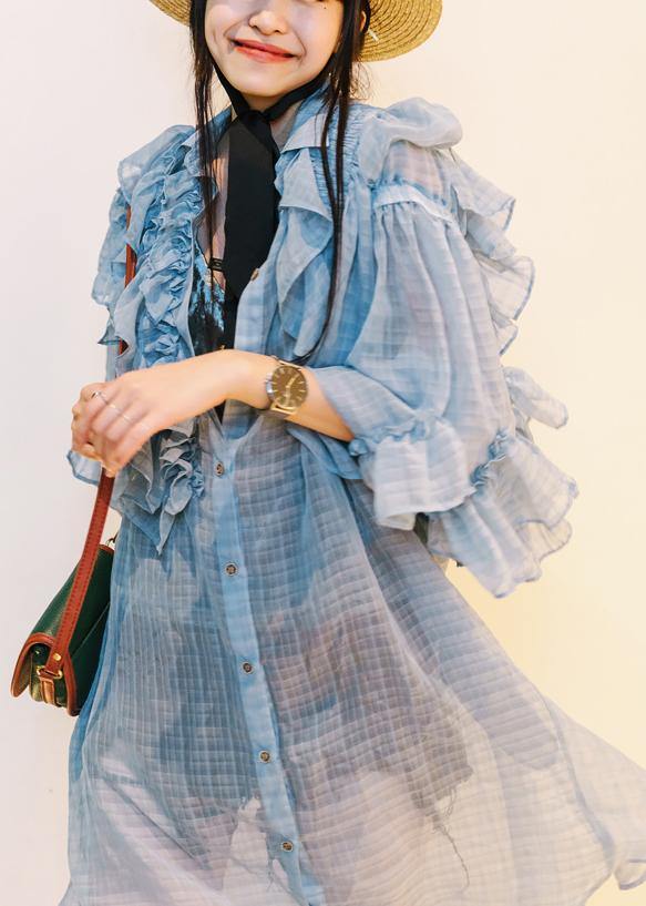 French Blue Wrinkled Ruffled Summer Chiffon Shirts Long Sleeve - SooLinen