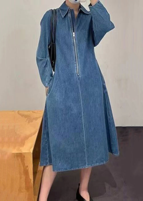 French Blue Zip Up Pockets Denim Dresses Spring