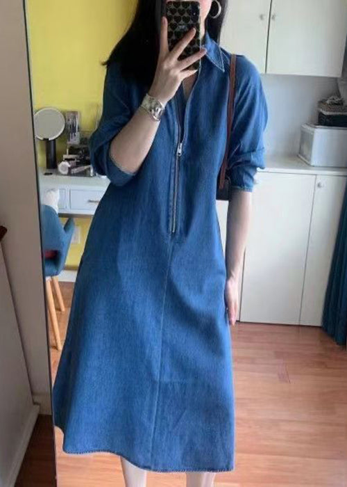 French Blue Zip Up Pockets Denim Dresses Spring