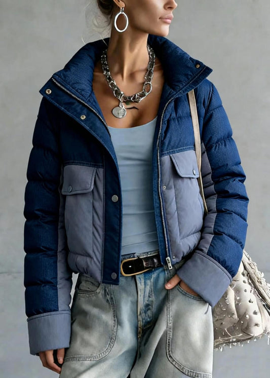 French Blue Zip Up Pockets Patchwork Duck Down Jackets Winter