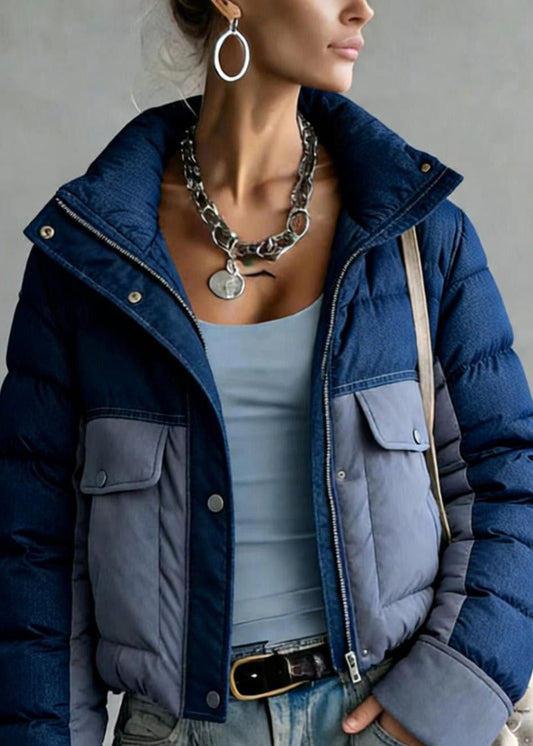 French Blue Zip Up Pockets Patchwork Duck Down Jackets Winter