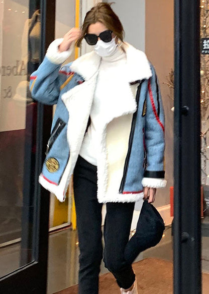 French Blue Zip Up Denim Patchwork Kunstpelz Wintermantel