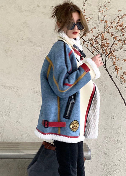 French Blue Zip Up Denim Patchwork Kunstpelz Wintermantel